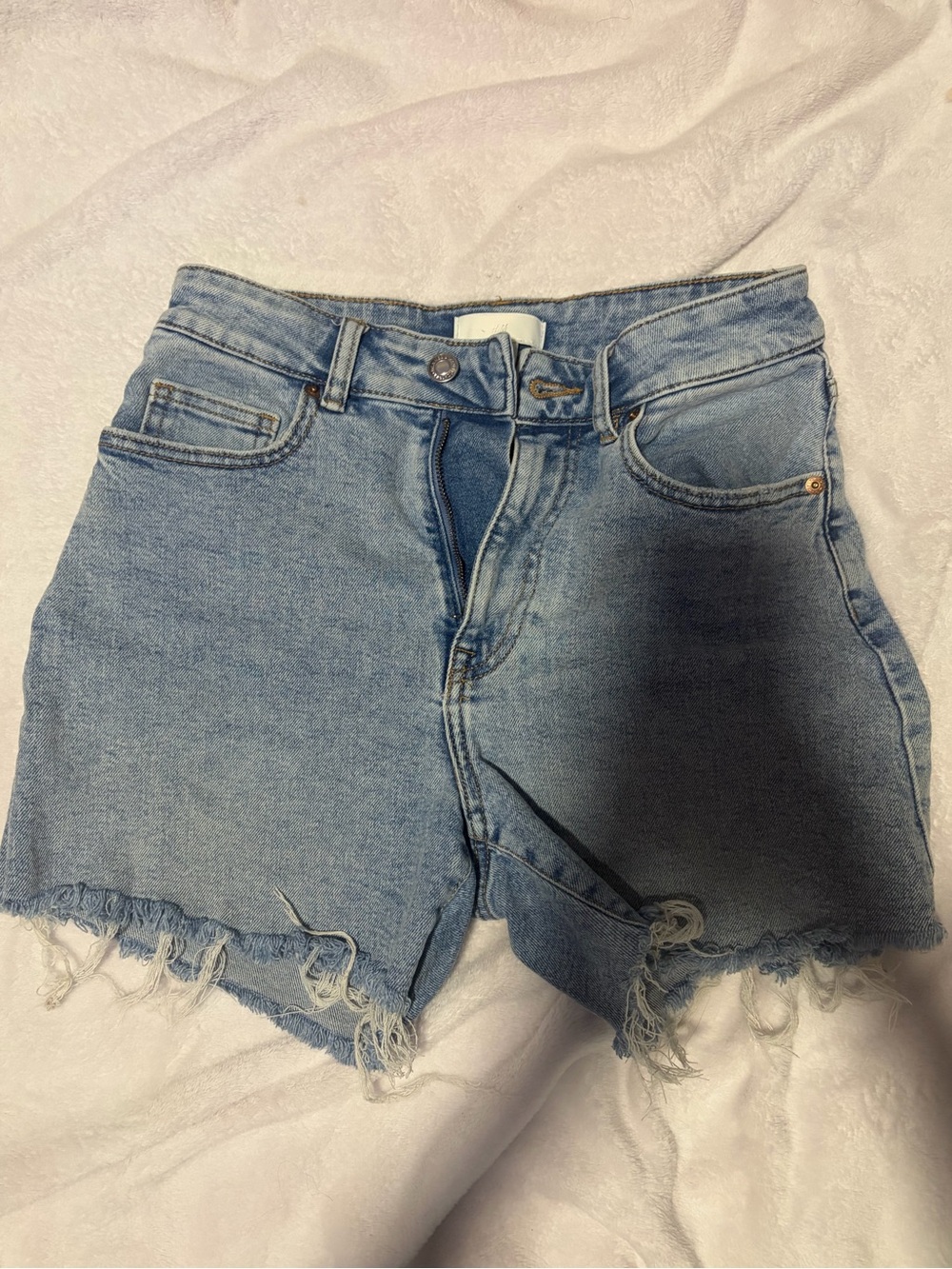 H&M Light Blue High-Rise Frayed Denim Shorts